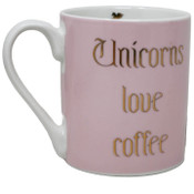 Wholesale - 16oz Pink Can Mug: "Unicorns Love Coffee" in Gold and White Inside with Small Gold Unicorn C/P 36, UPC: 634894037400